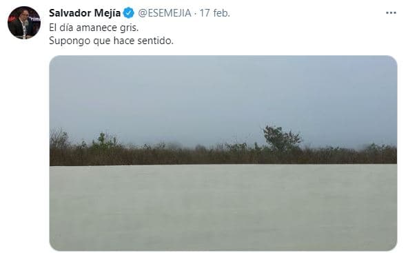 En días pasados, Salvador Mejía compartió tristes publicaciones. Junto con una fotografía de un paisaje sombrío, el 17 de febrero escribió: "El día amaneció gris. Supongo que hace sentido".