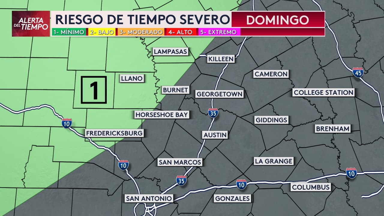 <b>Las mismas condiciones se esperan al oeste de la ciudad de Austin,</b> lo que aumentará
<b>el riesgo de tiempo severo a nivel uno en una escala del uno al cinco</b>. Esto afectará a localidades como Llano y Fredericksburg.