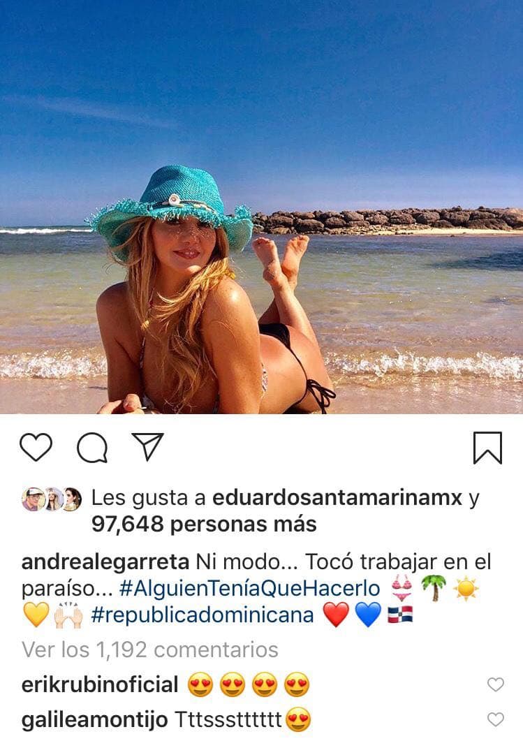 Varios famosos como 
<b><a href="https://www.instagram.com/erikrubinoficial/" target="_blank">su esposo Erik Rubín</a></b> y las actrices Maribel Guardia y Ariadne Díaz, comentaron la fotografía de Andrea Legarreta. Galilea Montijo le escribió: "Tsssssss...", comentario que Andrea contestó con la misma expresión.