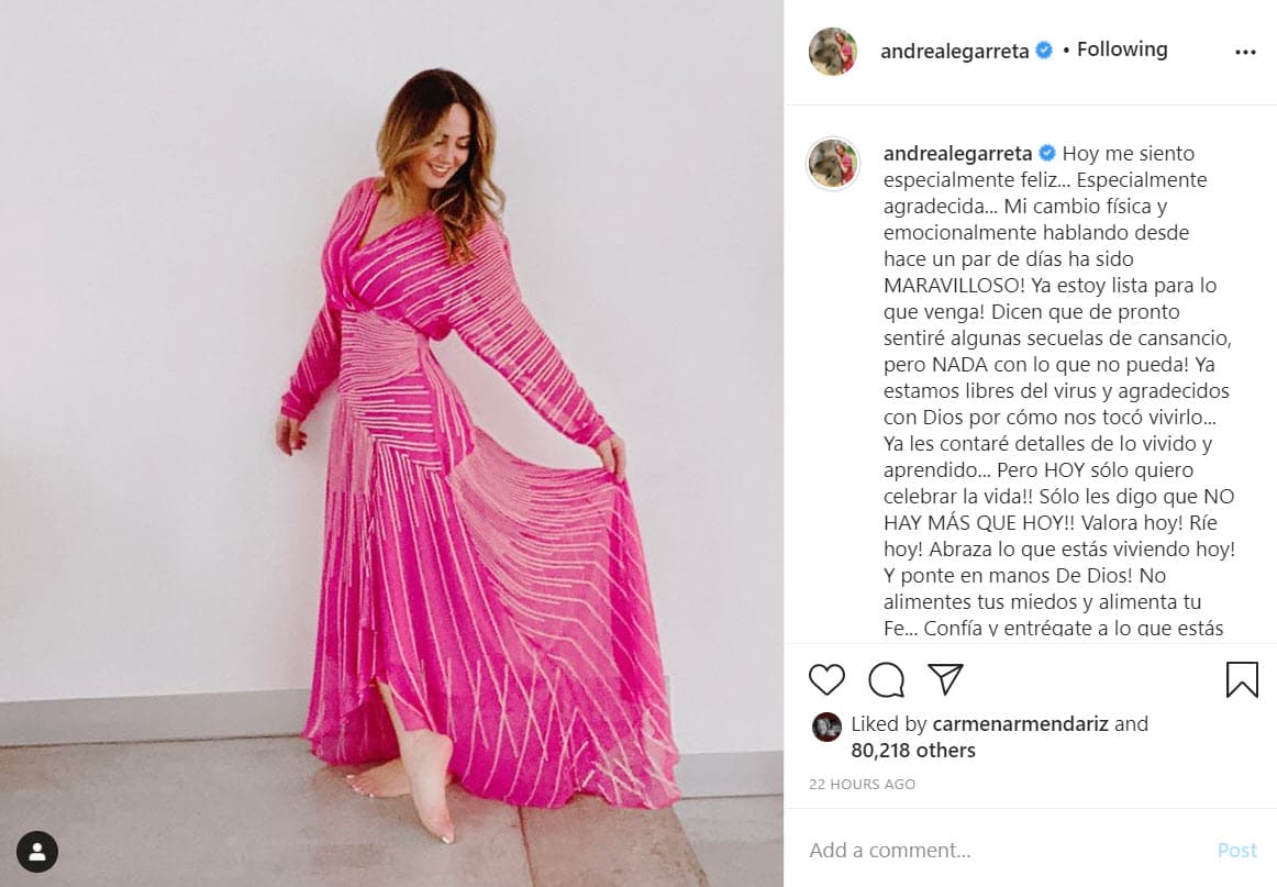 La presentadora y actriz compartió esta fotografía con la buena noticia: "Hoy me siento especialmente feliz... Especialmente agradecida... 
<b>Mi cambio físico y emocionalmente</b> hablando desde hace un par de días ha sido maravilloso".
<br>