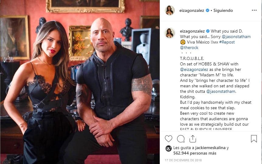 Recientemente, el actor estadounidense trabajó con la mexicana en la película
<i> </i>
<b><a href="https://www.univision.com/shows/despierta-america/mira-un-avance-de-la-nueva-pelicula-de-eiza-gonzalez-en-la-que-actua-con-the-rock-video" target="_blank">'Hobbs & Shaw'</a></b>, que pertenece a la franquicia 'Fast & Furious'
<b>.</b>