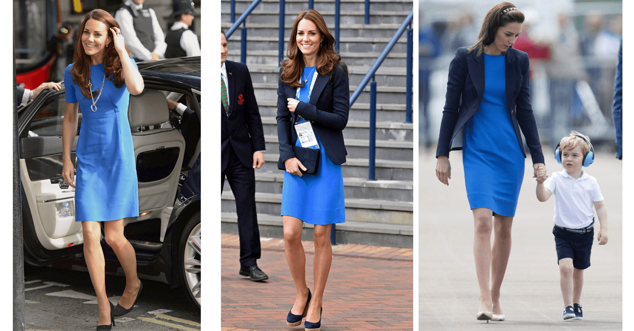 La duquesa de Cambridge también parece tener un vestido favorito. Se trata de un Stella McCartney azul, que le llega arriba de las rodillas y favorece su silueta. Lo usó en julio del 2012, julio del 2014 y julio del 2016.