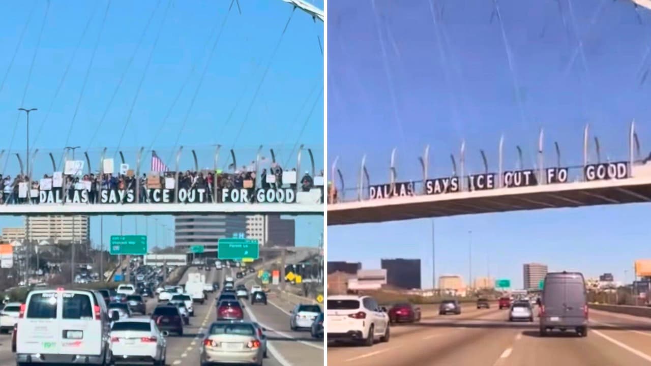 Protesta contra ICE gana visibilidad en puente de la US 75 en Dallas.