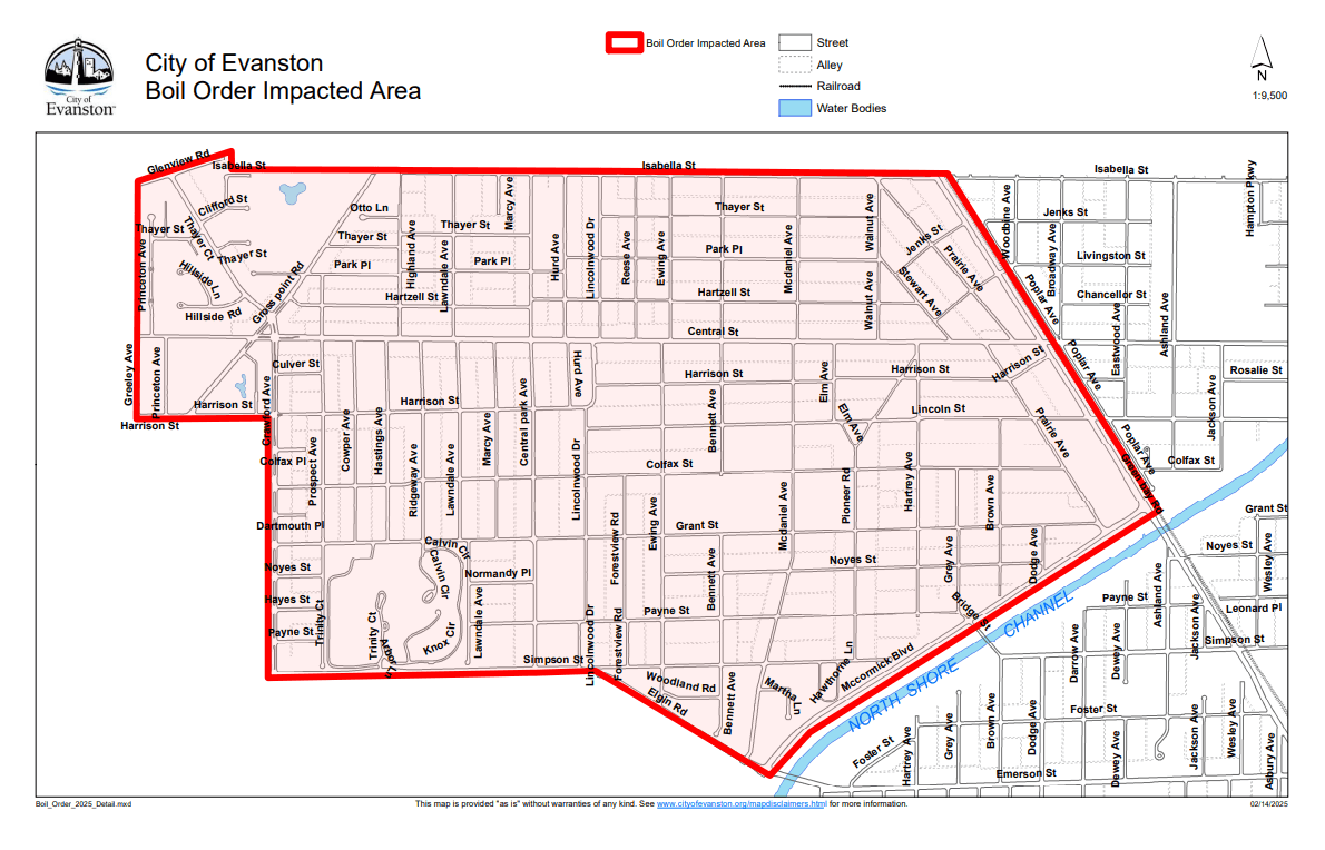 La ciudad de Evanston, también se vio afectada por esta situación; las áreas en rojo del mapa tienen una orden de hervir el agua.