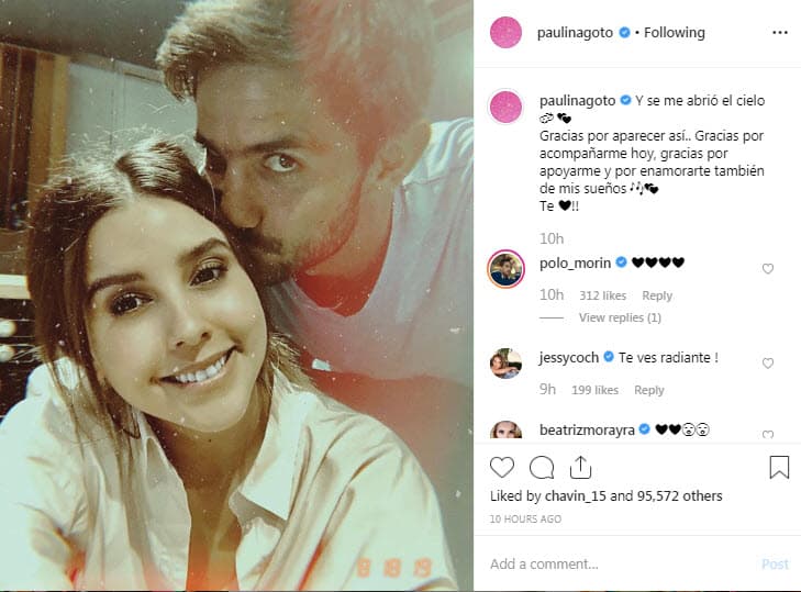 "Y se me abrió el cielo. Gracias por aparecer así. Gracias por acompañarme hoy, gracias por apoyarme y por enamorarte también de mis sueños", escribió en ese entonces junto 
<b><a href="https://www.instagram.com/p/B1VRwPVjfUB/" target="_blank">a esta imagen.</a></b>