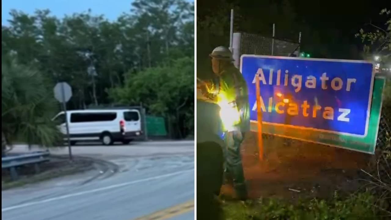 Varias camionetas y un autobús llegan al centro de detención "Alcatraz de los caimanes" 