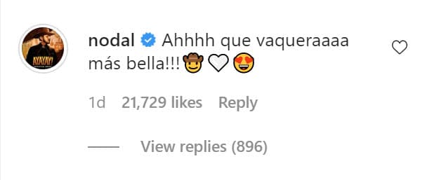 "¡Ah,
<b><a href="https://www.univision.com/shows/despierta-america/le-pego-mas-duro-el-amor-belinda-y-christian-nodal-siguen-su-romance-pero-uno-de-los-dos-luce-mas-carinoso-video" target="_blank">qué vaquera más bella</a></b>!", le escribió.
<br>