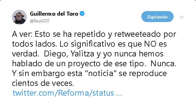“A ver: Esto se ha repetido y retweeteado por todos lados. Lo significativo es que no es verdad. Diego, Yalitza y yo nunca hemos hablado de un proyecto de ese tipo. Nunca. Y sin embargo esta 'noticia' se reproduce cientos de veces”, escribió el ganador del Oscar junto a la información que publicó el diario mexicano Reforma.