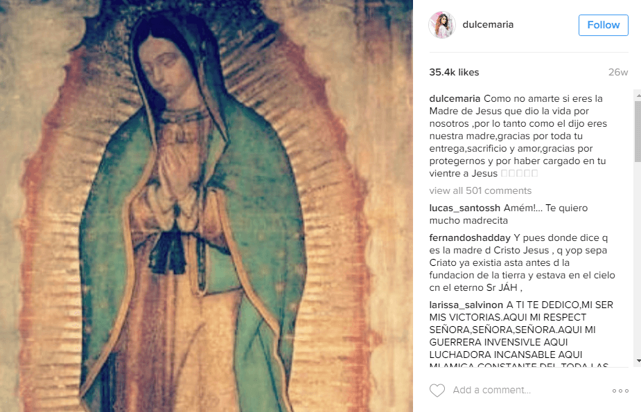 Ella publicó recientemente esta imagen en la que escribió: "Cómo no amarte si eres la Madre de Jesús que dio la vida por nosotros, como él dijo eres nuestra madre, gracias por toda tu entrega, sacrificio y amor", apuntó la cantante.