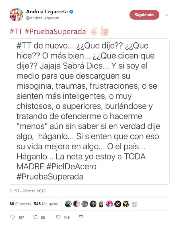 Tras su metida de pata y posteriores burlas, Andrea se convirtió nuevamente en tendencia en Twitter, sin que hubiera un motivo en espécifico. La conductora volvió a defenderse en redes sociales con un enérgico mensaje.