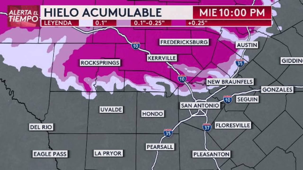 En algunos sectores del Hill Country habrá acumulaciones de hielo de más de 0.25 pulgadas.