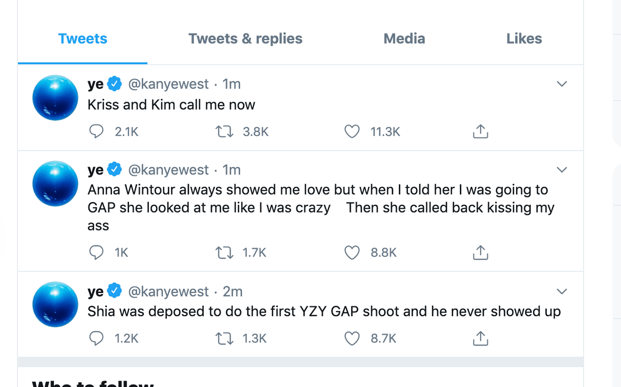 El esposo de Kim Kardashian también habló de Anna Wintour, la editora en jefe de la edición estadounidense de la revista Vogue: "Siempre se mostró amorosa, pero cuando le dije que me iba a GAP, ella me bloqueó como si estuviera loco. Luego regresó besándome el trasero".