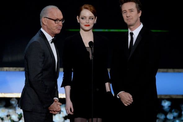 Los talentosos actores de 'Birdman', Michael Keaton, Emma Stone y Edward Norton.