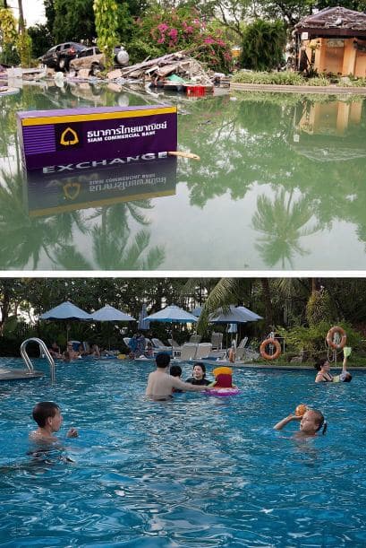 Los restos de un cajero automático flotan en el agua desbordada de la piscina de un hotel Holiday Inn. En la imagen de abajo varios niños juegan en la piscina del hotel.