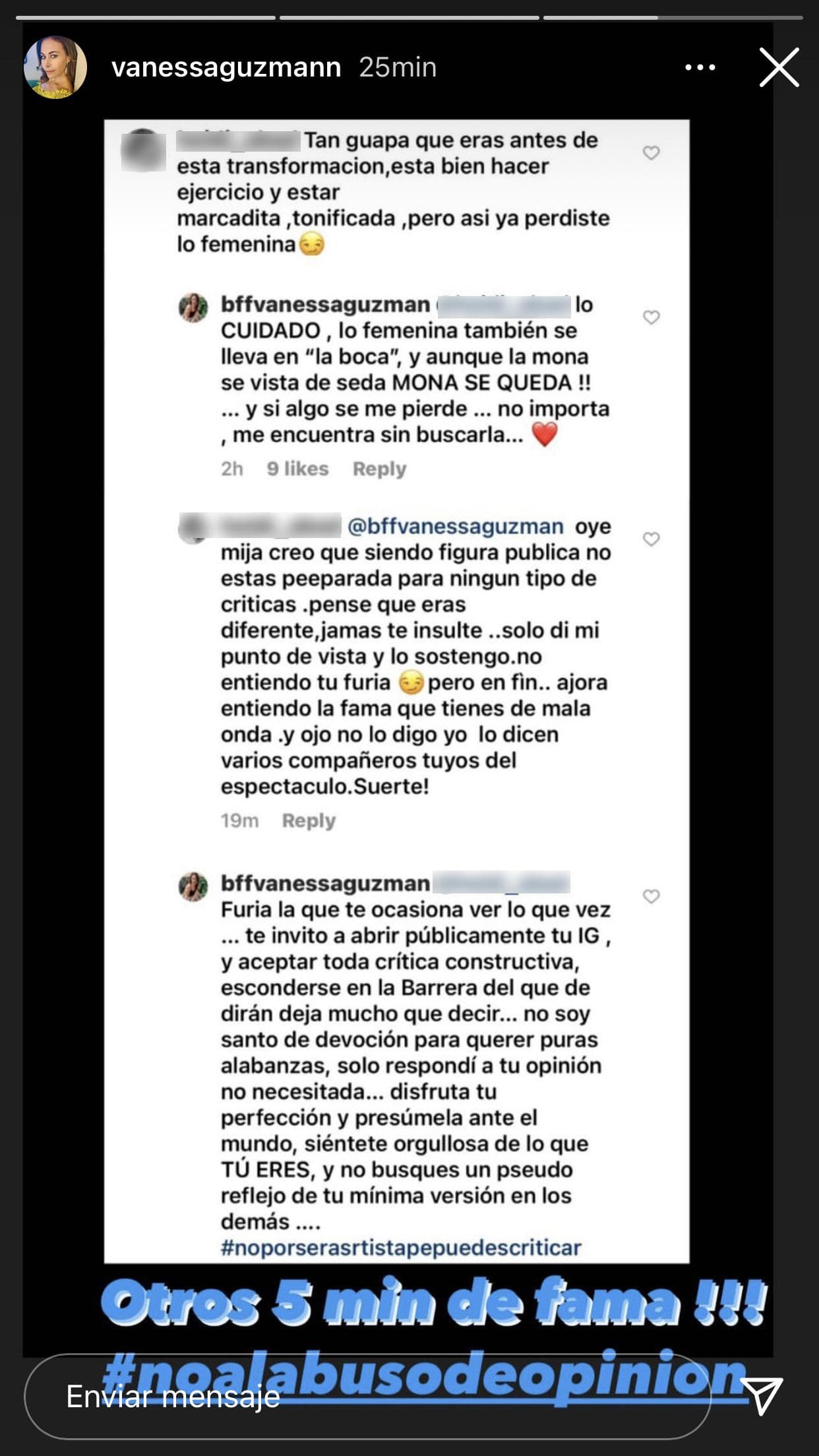 Según la fan, este estilo de vida la hizo
<b><a href="https://www.univision.com/famosos/la-belleza-le-estorbo-a-vanessa-guzman-para-un-protagonico-cuando-inicio-su-carrera-fotos" target="_blank"> "perder lo femenina"</a></b> a la actriz, pero la artista se defendió. 
<br>