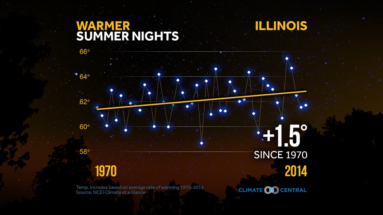 Entre el año 1970 y 2014 las temperaturas nocturnas en Illinois han aumentado 1.5°F. Por ejemplo,
<a href="http://www.ucsusa.org/sites/default/files/legacy/assets/documents/global_warming/climate-change-illinois.pdf  "> Chicago tiende a ser más caliente por 2°F, en promedio, especialmente por la noche.</a> En algunos casos, esta diferencia puede ser mayor. Esta característica del clima urbano se llama generalmente el "efecto urbano de la isla del calor". Las áreas urbanas también causan cambios en la humedad, nubosidad, velocidades del viento y direcciones. No sólo las zonas edificadas causan temperaturas más cálidas, sino que también aumentan la escorrentía del agua de lluvia, lo que 
<b>provoca un aumento de las inundaciones.</b>