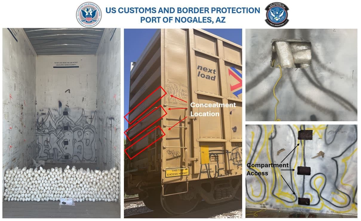 <br>Con información de Michael Humphries, director de CBP del puerto de Nogales, se sabe que el 10 de septiembre fueron halladas casi 
<b>342 libras de metanfetamina en las vigas de soporte delanteras y traseras de un vagón de tren</b>.