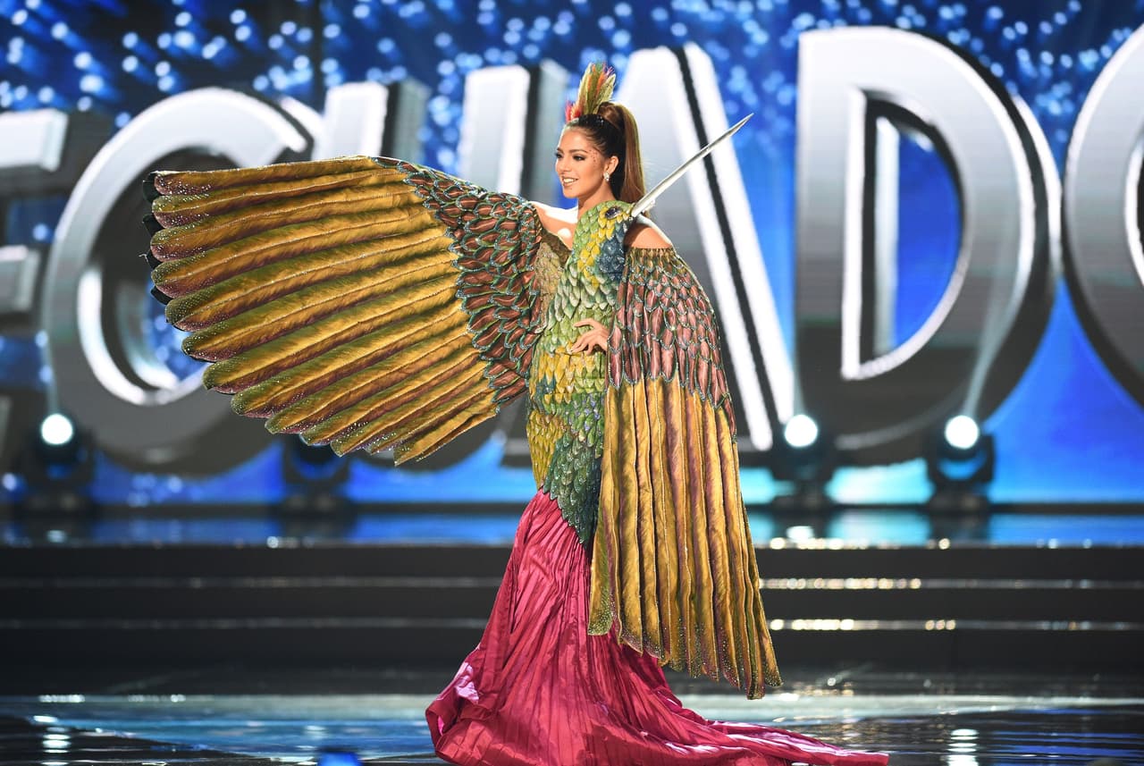 <b>Miss Ecuador:</b>
<br>De acuerdo a la concursante ecuatoriana, Connie Jiménez, Ecuador es conocido como el país del zenzontle, el ave que inspira el plumaje de este vestido.