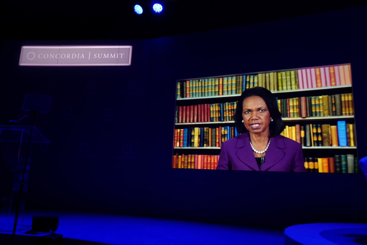 NEW YORK, NY - SEPTEMBER 19: Former US Secretary of State Condoleezza Rice speaks via video at the 2016 Concordia Summit - Day 1 at Grand Hyatt New York on September 19, 2016 in New York City. (Photo by Ben Hider/Getty Images for Concordia Summit)