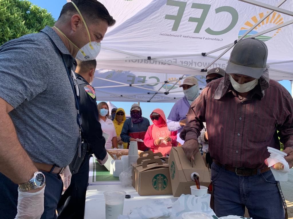 Litros de café y panes dulces repartieron entre al menos 30 campesinos que durante esta mañana laboraban en un campo en la localidad de Delano.