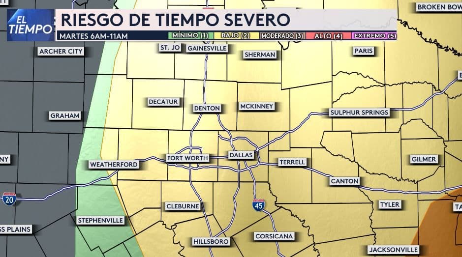 Mapa de riesgo de tiempo severo en el norte de Texas este martes 13 de diciembre.