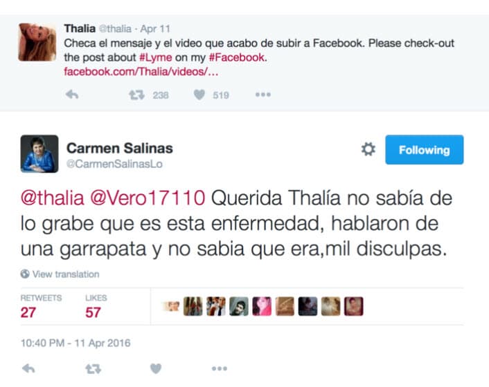 Sin conocer la enfermedad Lyme, la actriz dijo: "Pues que bañe a sus perros". Ante esto, Thalía publicó un video informativo sobre el padecimiento, por lo que Carmen Salinas pidió disculpas.
<br>
