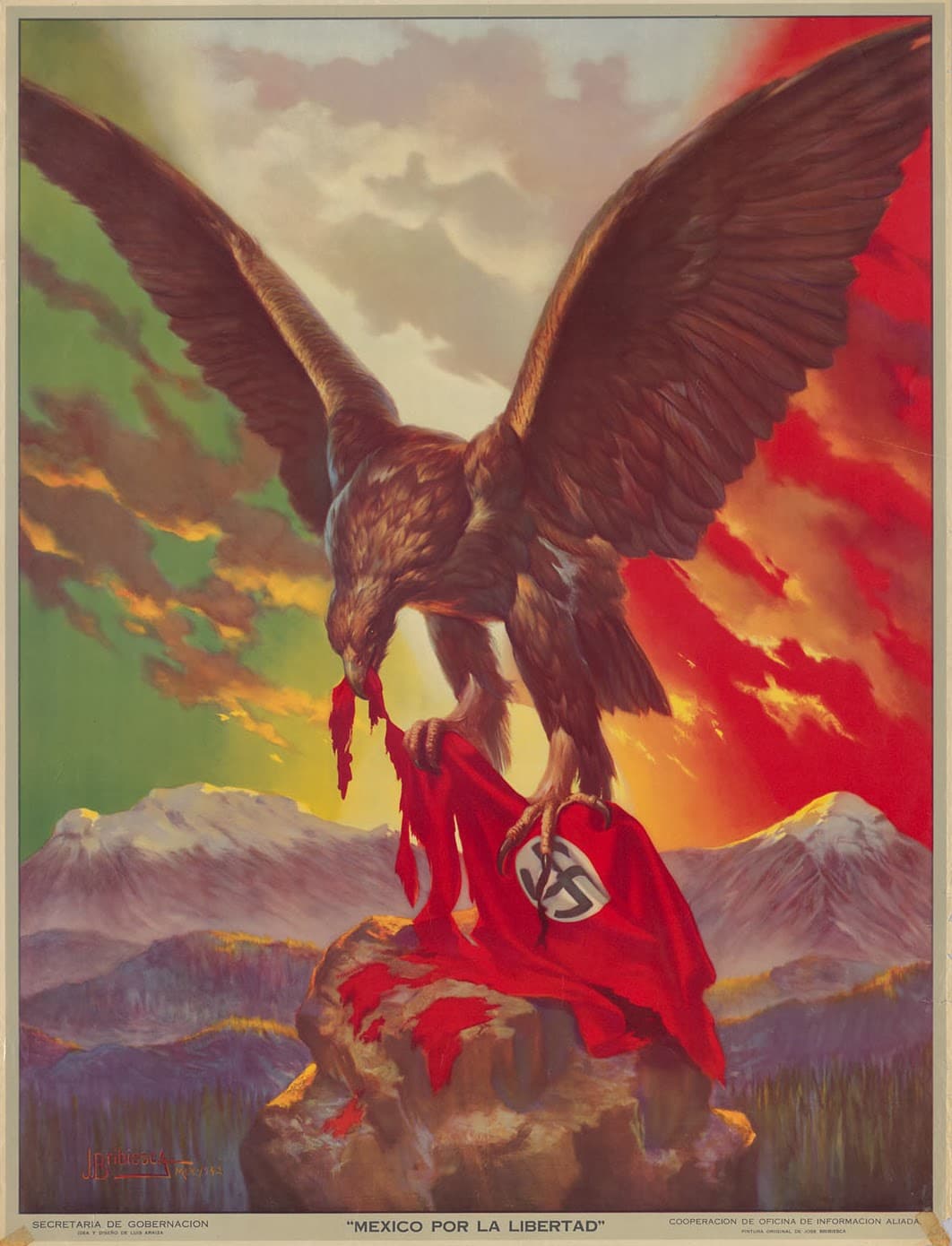 Esta imagen recupera al águila del escudo mexicano (que en la bandera de México aparece comiéndose a una serpiente) despedazando una bandera con la svástica nazi.