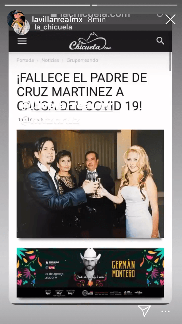 Alicia Villarreal compartió en sus historias de Instagram la mañana de este miércoles 15 de julio una toma de pantalla de la nota de 'La Chicuela' con la que validó la información publicada.
<br>