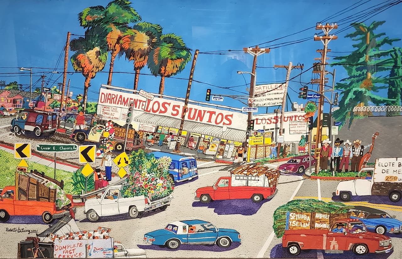 Ser chicano fue considerado durante mucho tiempo como algo despectivo. El término comenzó a gestarse sin una definición clara más allá de referirse de forma genérica a cualquier estadounidense que tuviera raíces mexicanas.
<br>
<br>Los chicanos celebran su cultura en California con un muestra de arte única, colección del actor Cheech Marín.
<br>
<br>Obra por Roberto Gutiérrez. 
<i>East LA-Cesar Chavez Ave. & Lorena St., 2001. </i>Acrílico sobre papel. Cortesía de Cheech Marín.