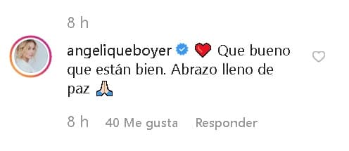 Algunos famosos les dejaron mensajes de aliento.
<b>Angelique Boyer </b>les escribió: "Qué bueno que están bien.
<b>Abrazo lleno de paz</b>".
<br>