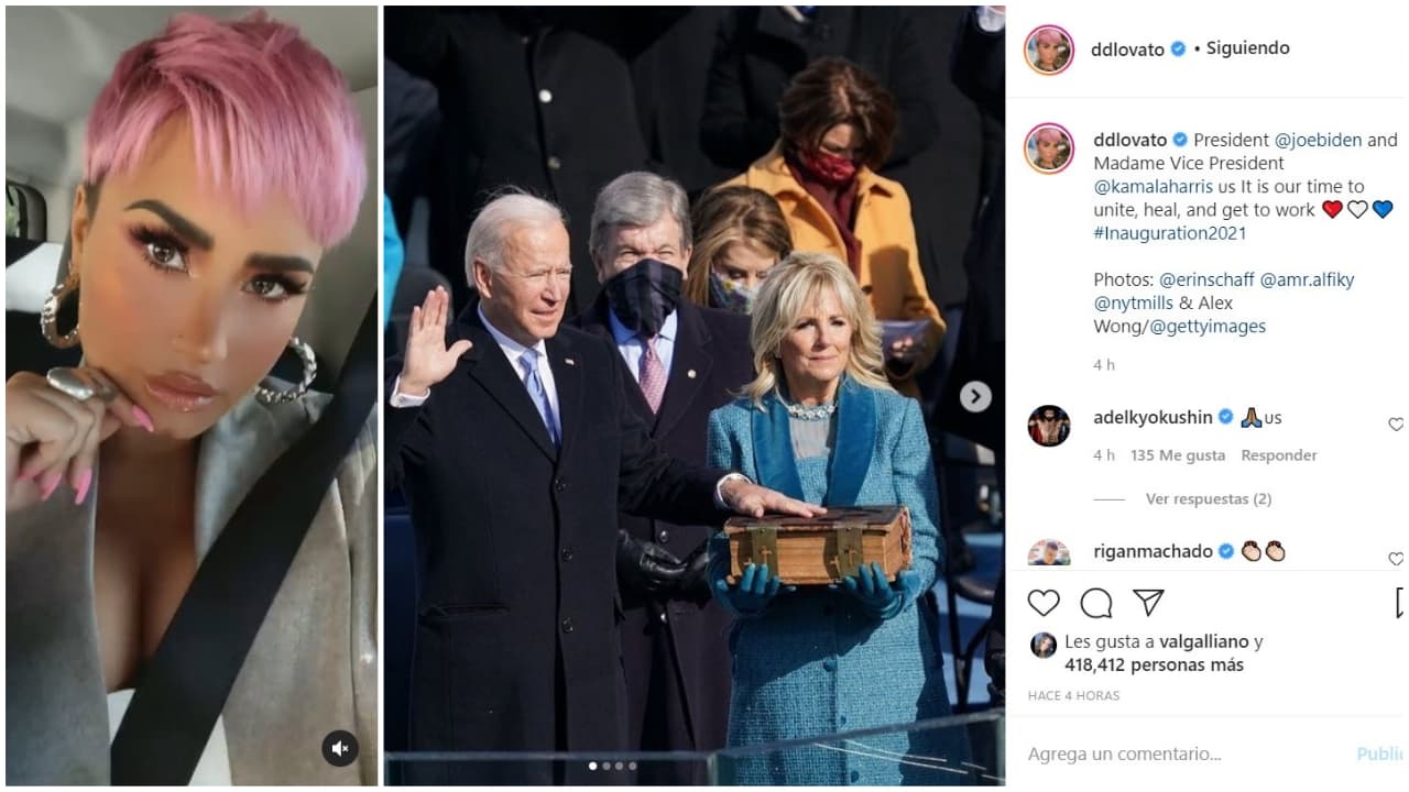 La cantante 
<b>Demi Lovato</b> mostró su apoyo a los demócratas en la campaña y este 20 de enero hizo una petición a Biden y Harris en Instagram: "Presidente Joe Biden y señora vicepresidenta Kamala Harris, es nuestro momento de unirnos, sanar y ponernos a trabajar".