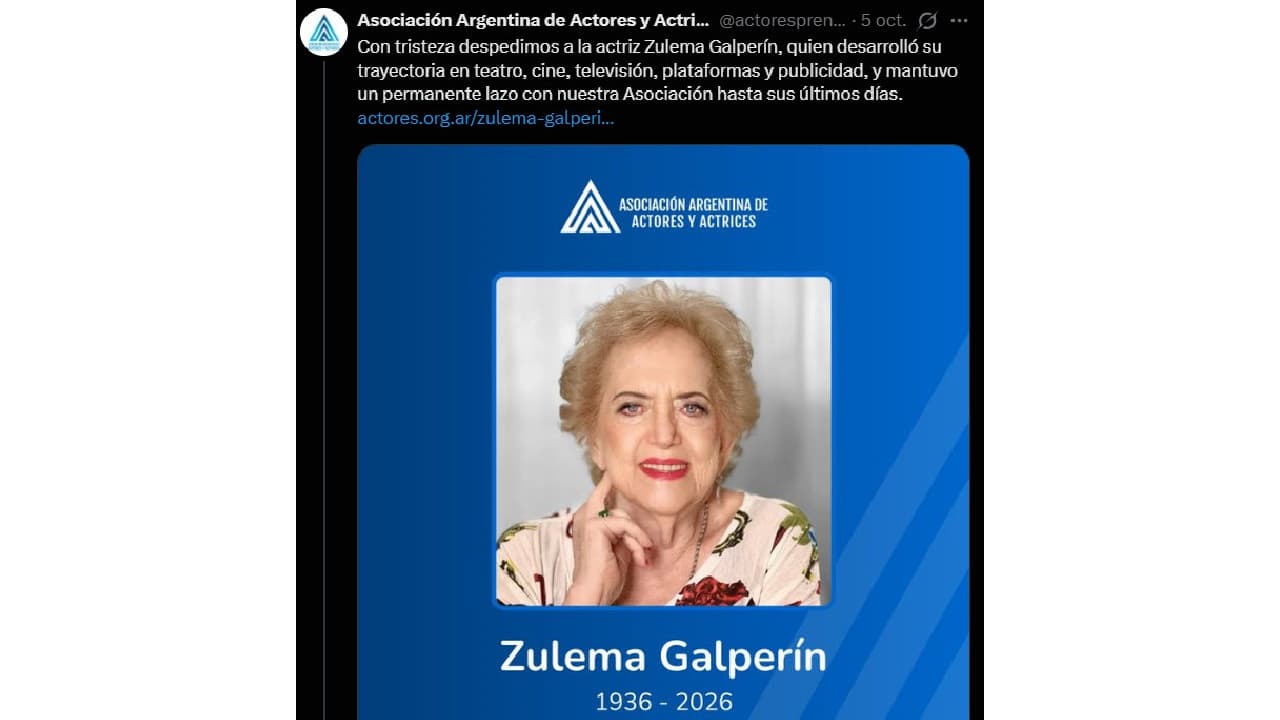Así dieron a conocer la muerte de la primera actriz Zulema Galperín.