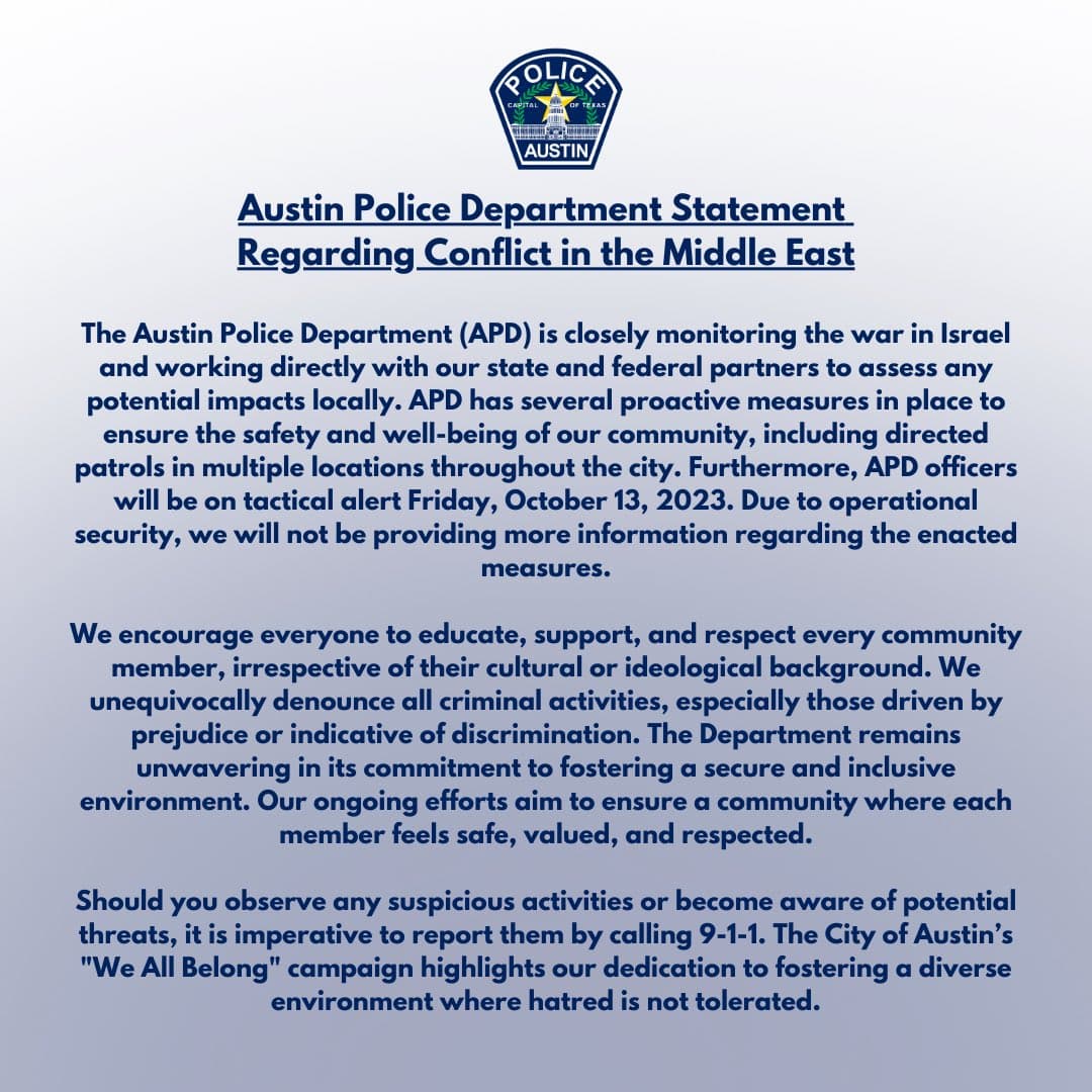 Incrementan vigilancia en puntos vulnerables de Austin ante guerra Israel-Hamas