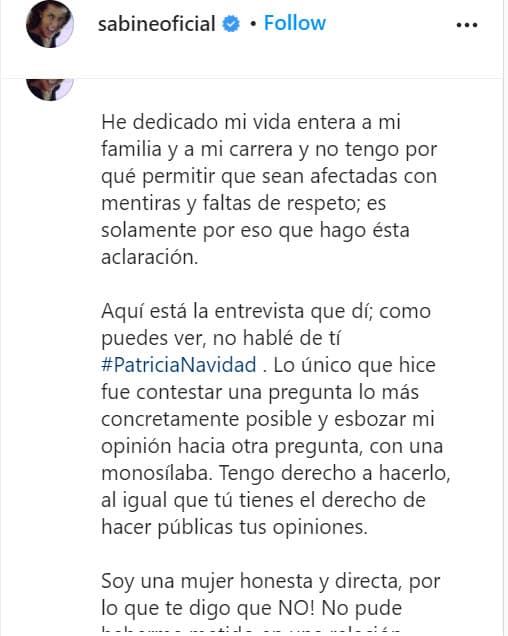 "Como puedes ver, 
<b><a href="https://www.instagram.com/tv/CIuY3X9AAp_/?igshid=1ef5kscq0a3ur" target="_blank">no hablé de ti, Patricia Navidad</a></b>. Lo único que hice fue contestar una pregunta lo más concretamente posible y esbozar mi opinión hacia otra pregunta, con una monosílaba", escribió Moussier, quien forma parte del actual elenco de la telenovela 'La Mexicana y El Güero'.