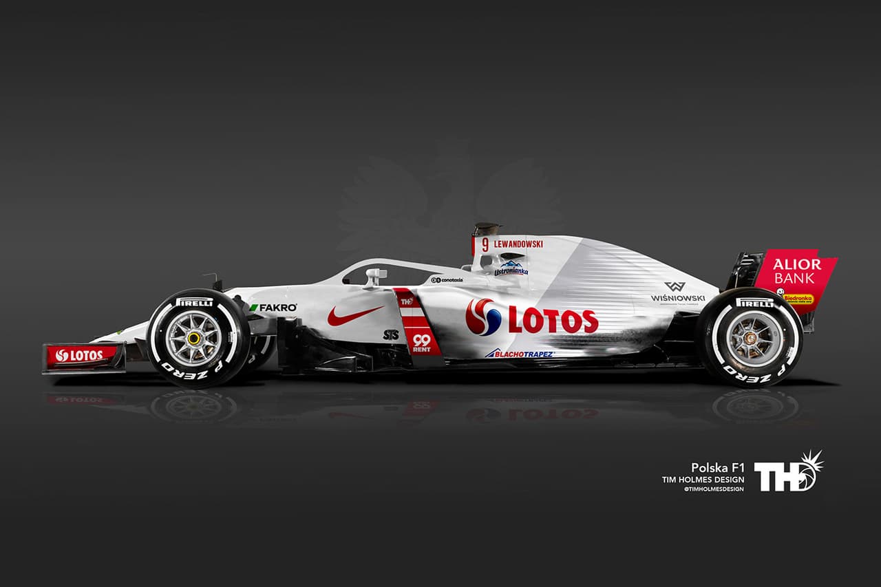 <b>Polonia</b>
<br>Los colores blanco y rojo de la bandera polaca quedan impresos en este monoplaza.
<br>Jugador: N° 9 Robert Lewandowski (delantero)