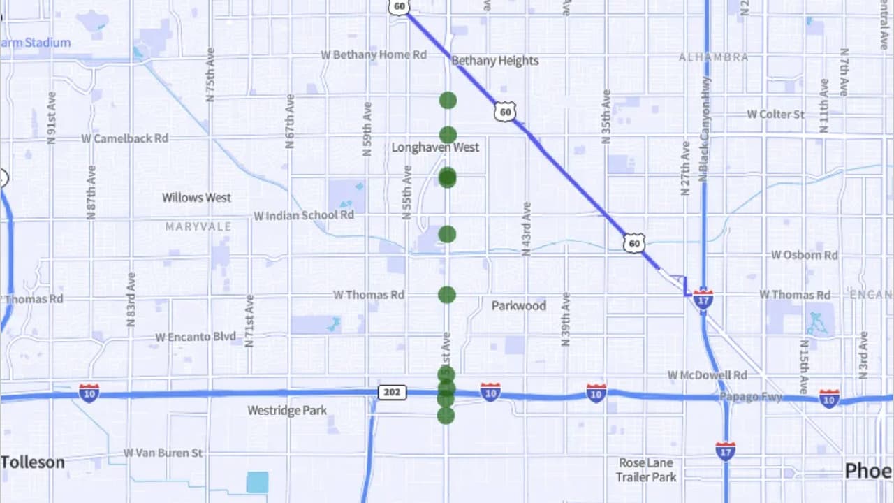 <b>51st Avenue</b> desde W Roosevelt Street hasta West Vermont Avenue,entre Phoenix y Glendale.
<br>Accidentes fatales: 10
<br>Accidentes por milla: 2.5.
<br>Más información 
<a href="https://www.moneygeek.com/insurance/auto/resources/most-deadly-roads-arizona/" target="_blank">en este enlace</a>.