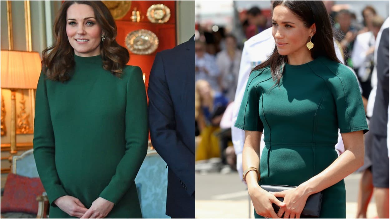 <b>Vestidos rectos:</b> Ambas royals han llevado durante el embarazo vestidos de corte recto con cuello cerrado como uno de su básicos durante ese periodo. Sin duda, los "jewel tones" como el verde esmeralda los convierten en piezas claves como el de crepé de Jason Wu que llevó Meghan Markle en su viaje por Fiji y que, a diferencia del Catherine Walker de Kate, se ajustaba más al cuerpo gracias al tipo de corte y tela.
<br>
