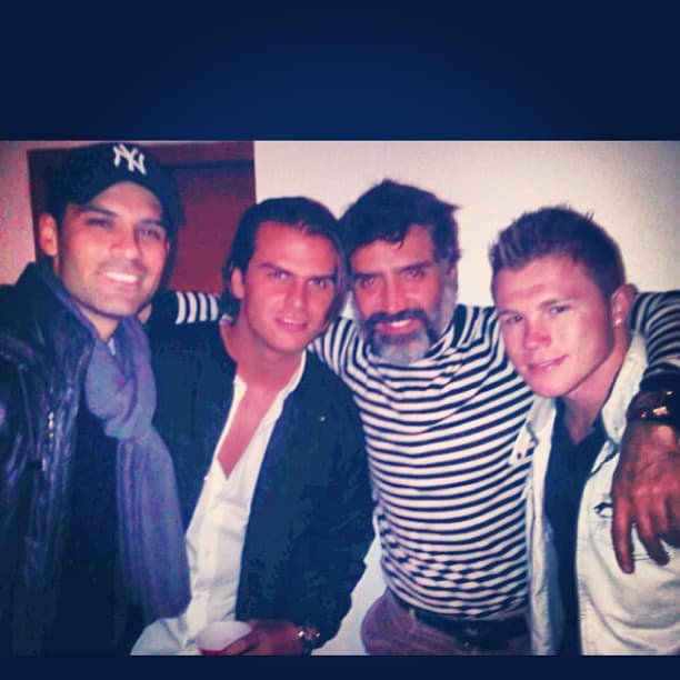 En la imagen, se ve al nuevo galan de la Miss junto al futbolista Rafa Márquez, el cantante Alejandro Fernández y el boxeador, Saúl 'Canelo' Álvarez