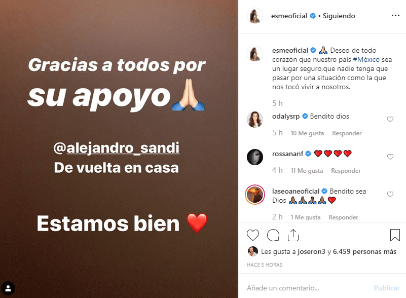 La actriz publicó este martes en Instagram, que Alejandro Sandí ya estaba 
<b><a href="https://www.univision.com/noticias/america-latina/liberan-al-actor-alejandro-sandi-y-al-ciudadano-frances-secuestrados-en-una-zona-turistica-del-centro-de-mexico">de vuelta en casa</a></b>, al respecto, comentó que ya se pudo reunir con él y dijo en qué estado se encuentra.