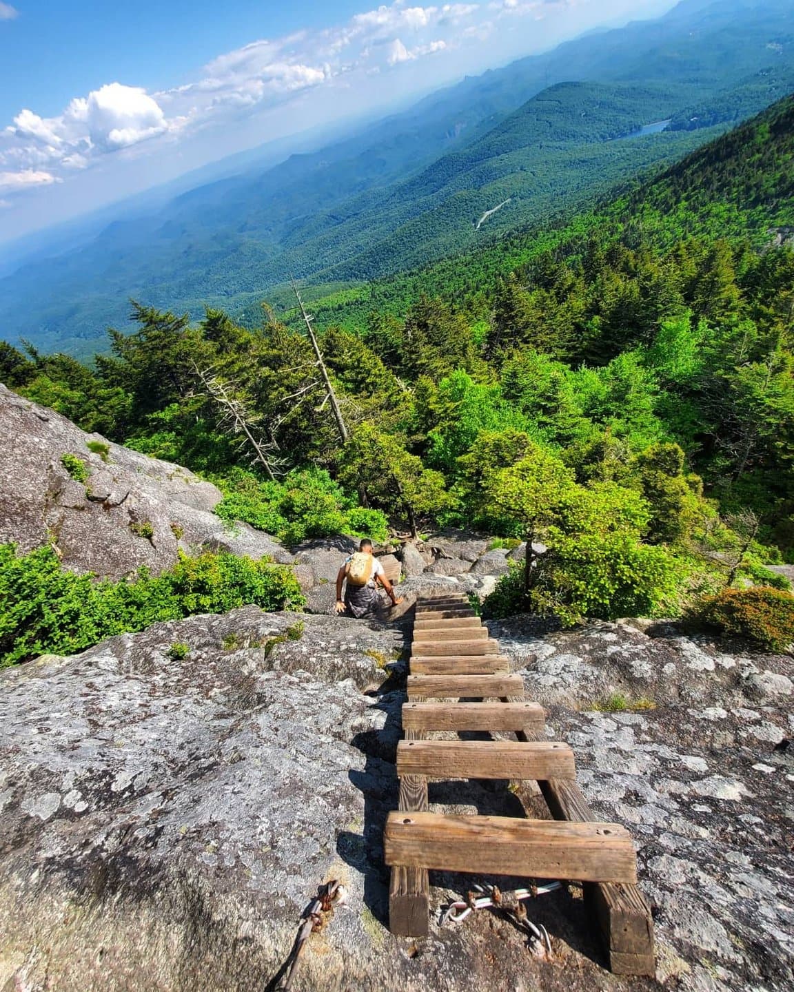 Grandfather Mountain Trail (Linville)
<br>Sitio web: 
<a href="https://grandfather.com/hikes/">https://grandfather.com/hikes/</a> 
<br>
<b><a href="https://goo.gl/maps/8jwinUq8hf8dmW5NA">Cómo llegar </a></b>
<br>
<br>Este sendero difícil en realidad se considera la caminata más desafiante desde el punto de vista técnico al este del Mississippi y, aunque se puede hacer sin equipo para escalar, también se le llama "sendero de toboganes y escaleras" debido a varias áreas que presentan cables y escaleras que escalan acantilados.