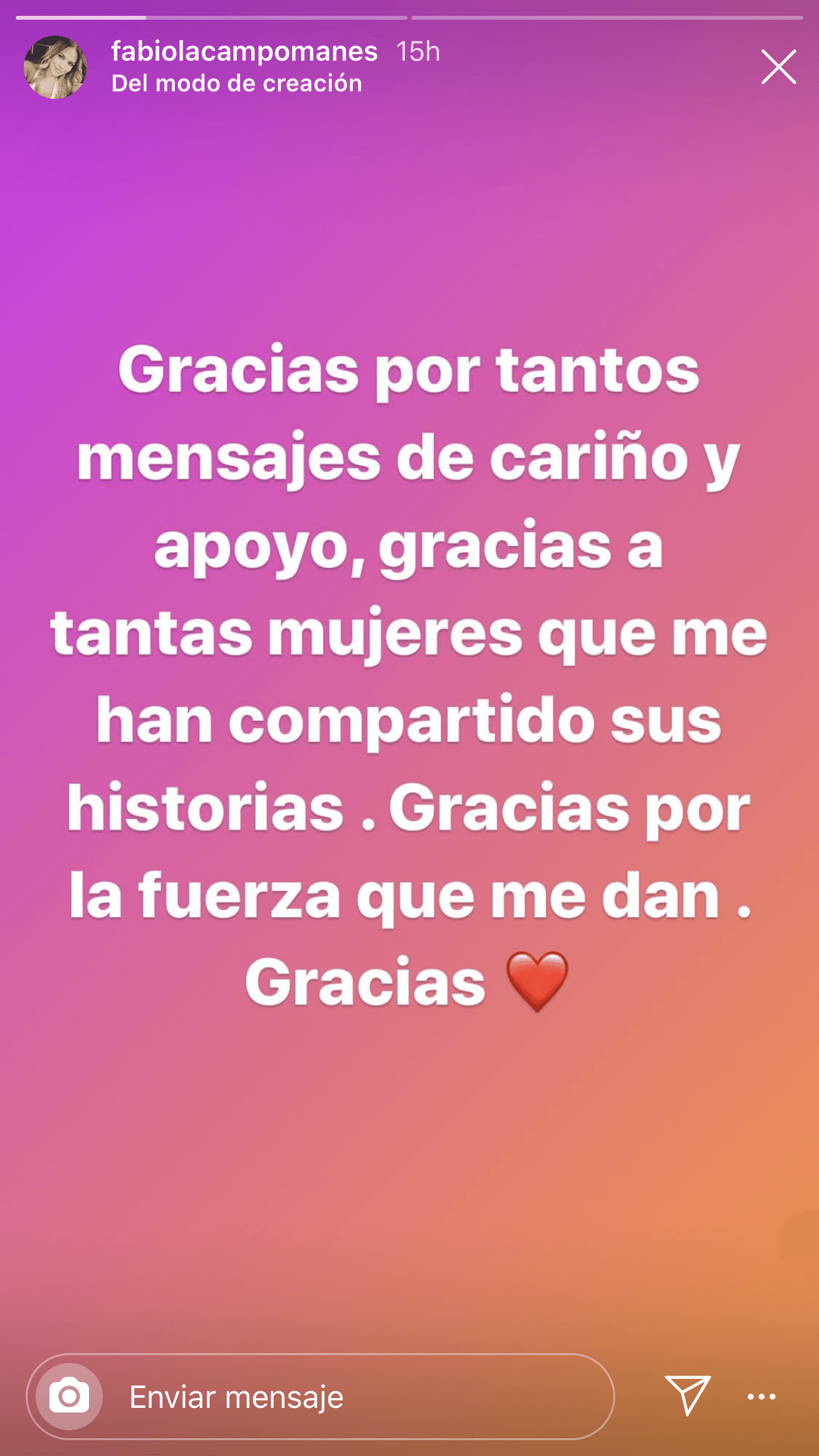 "Gracias por tantos 
<b>mensajes de cariño </b>y apoyo, gracias a tantas mujeres que me han compartido sus historias. Gracias por la fuerza que me dan. Gracias", escribió.