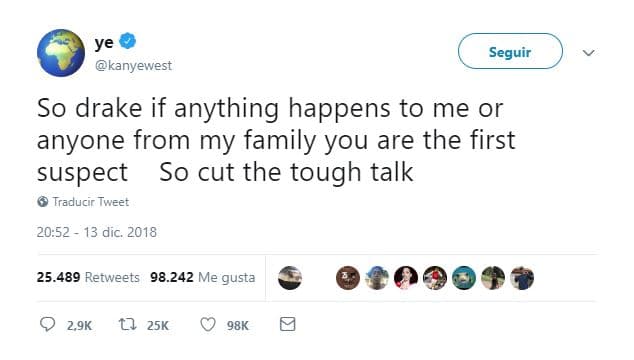 “Así que Drake, si algo me pasa a mí o a cualquier miembro de mi familia, tú eres el primer sospechoso. Así que termina con la conversación ruda”.
<br>