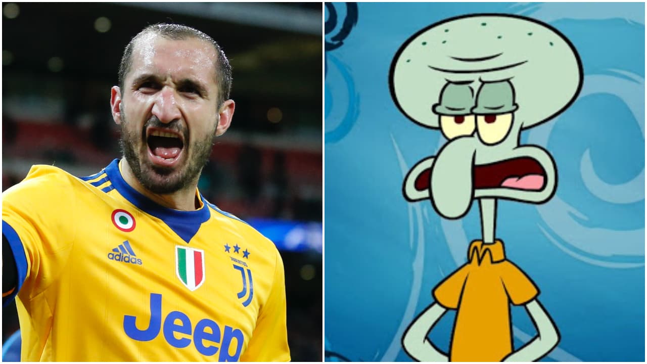 <b>Giorgio Chiellini y Calamardo</b>
<br>El gran parecido entre este férreo defensor italiano y el personaje del programa de televisión 'Bob Esponja' tiene mucho sentido cuando los ves del rostro.