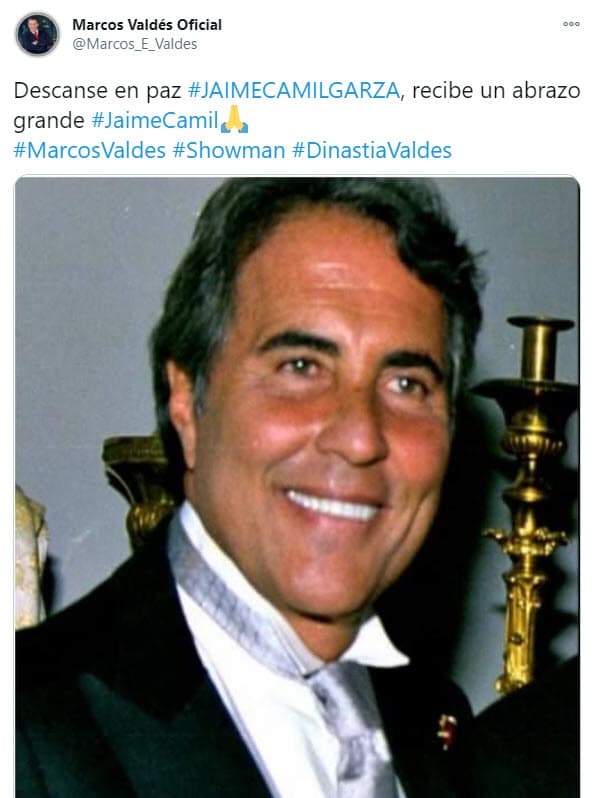 Marcos Valdés, uno de los hijos del legendario 
<b><a href="https://www.univision.com/famosos/muere-el-actor-manuel-el-loco-valdes-a-los-89-anos-fotos" target="_blank">Manuel 'El Loco' Valdés</a></b>, quien murió a finales de agosto pasado, se solidarizó con su colega. "
<b><a href="https://twitter.com/Marcos_E_Valdes/status/1335842036986077184" target="_blank">Recibe un abrazo grande</a></b>, Jaime Camil".