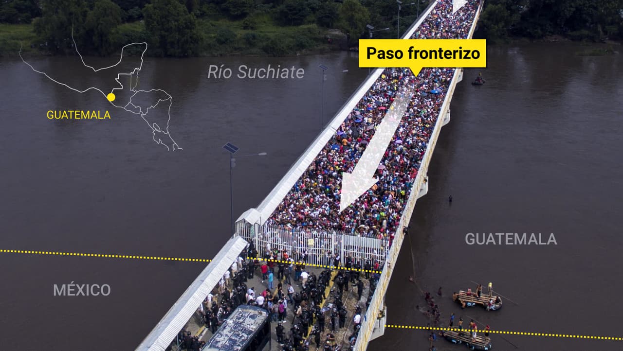 Así son los 610 metros del paso fronterizo entre Guatemala y México que desbordaron miles de migrantes