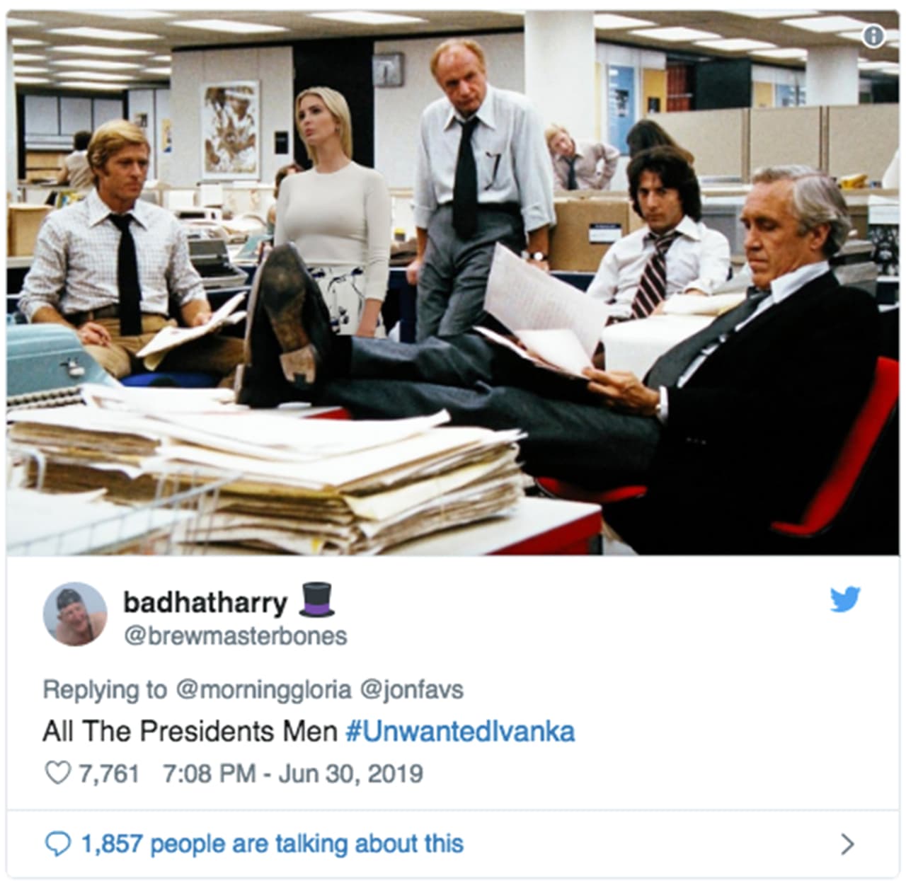 En la película que ilustra toda la historia de la investigación de Watergate, que terminó con la renuncia del presidente Richard Nixon. / Crédito: 
<a href="https://twitter.com/brewmasterbones/status/1145469303271100422" target="_blank">@brewmasterbones/Twitter </a>