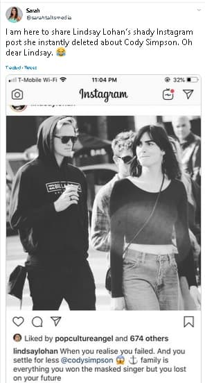 En la publicación, la cual eliminó al poco rato, pero que 
<b><a href="https://twitter.com/sarahtalksmedia/status/1186524468958482433?s=21" target="_blank">fue capturada</a></b> por varios usuarios, Lohan compartió una foto de Simpson con su hermana, 
<b><a href="https://www.instagram.com/aliana/" target="_blank">Aliana Lohan</a></b>, con quien él salió brevemente el año pasado.