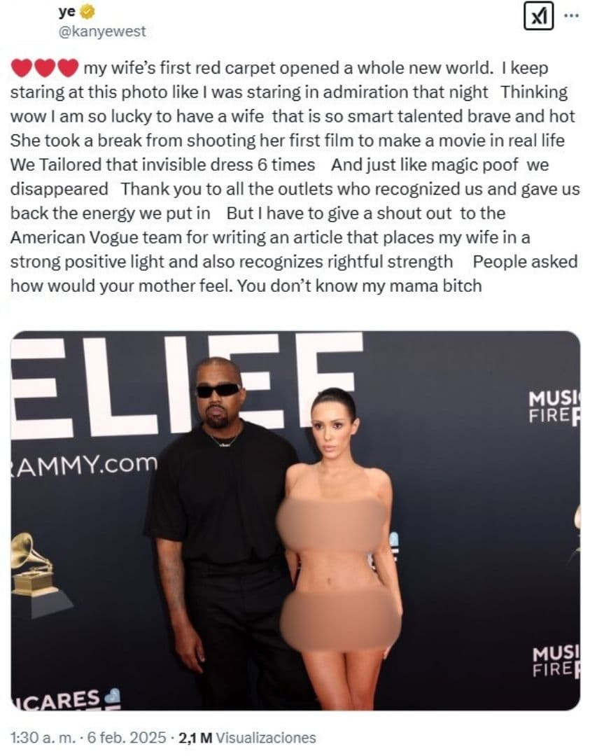 Kanye West se refirió positivamente a su esposa en un mensaje de X.