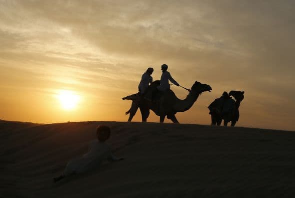 Un niño juega mientras los hombres del Emirato preparan sus camellos para el Festival Mazayin Zaayed, a unos 150 kms. al oeste de Abu Dhabi.