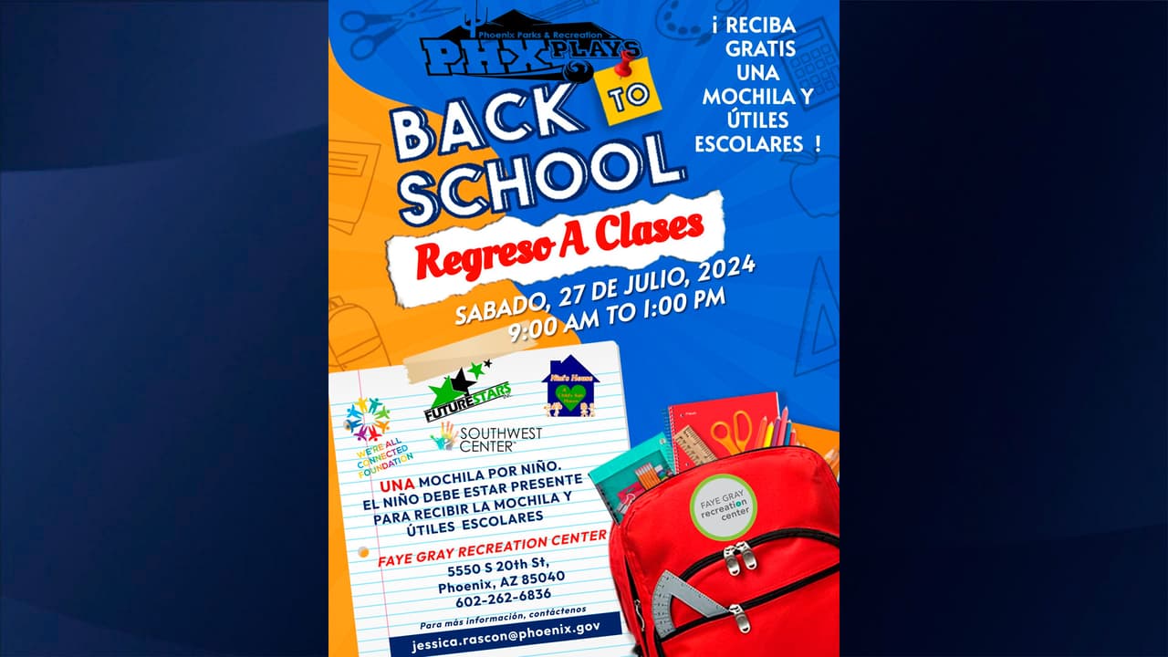 Phoenix Parks and Recreation Department estará entregando mochilas y útiles escolares de forma gratuita el
<b> sábado 27 de julio </b>de 9 a.m. a 1 p.m., en el Centro recreativo Faye Gray ubicado 5550 S 20th St, Phoenix.